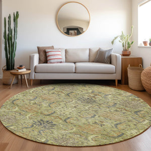 Homeroots 3' Artichoke Green Gray Tan Damask Washable Area Rug For Indoor And Outdoor Spaces, Durable Design 8' Round Polyester 603301
