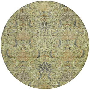 Homeroots 3' Artichoke Green Gray Tan Damask Washable Area Rug For Indoor And Outdoor Spaces, Durable Design 8' Round Polyester 603301
