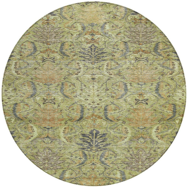 Homeroots 3' Artichoke Green Gray Tan Damask Washable Area Rug For Indoor And Outdoor Spaces, Durable Design 8' Round Polyester 603301