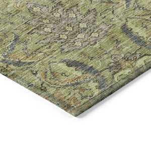 Homeroots 3' Artichoke Green Gray Tan Damask Washable Area Rug For Indoor And Outdoor Spaces, Durable Design 8' X 10' Polyester 603302