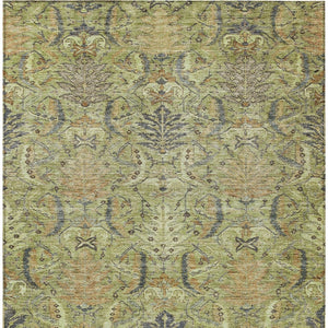 Homeroots 3' Artichoke Green Gray Tan Damask Washable Area Rug For Indoor And Outdoor Spaces, Durable Design 9' X 12' Polyester 603303