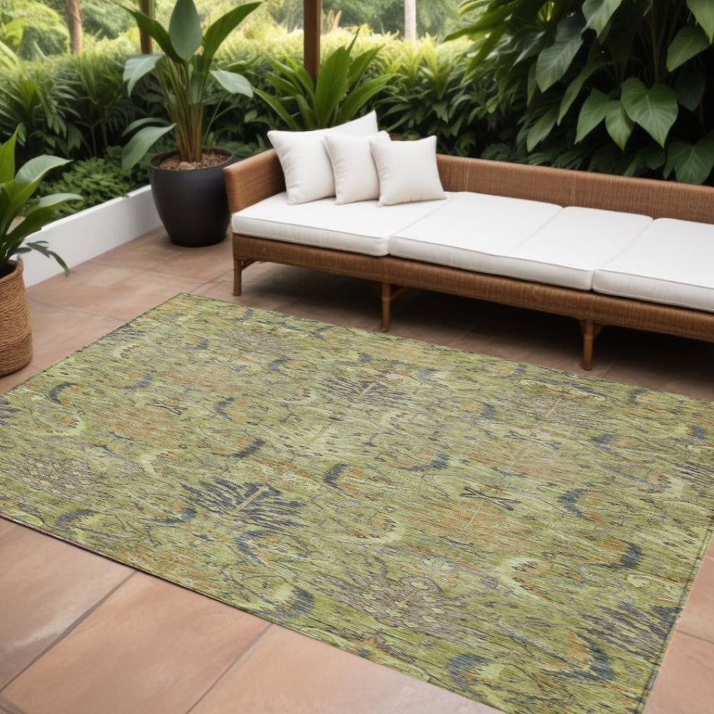 HomeRoots 9' Stylish Artichoke Green Damask Area Rug - Washable, Durable, Indoor/Outdoor Versatile Design 603303