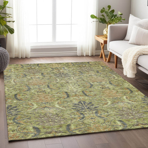 Homeroots 3' Artichoke Green Gray Tan Damask Washable Area Rug For Indoor And Outdoor Spaces, Durable Design 9' X 12' Polyester 603303