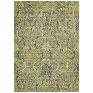 Homeroots 3' Artichoke Green Gray Tan Damask Washable Area Rug For Indoor And Outdoor Spaces, Durable Design 10' X 14' Polyester 603304