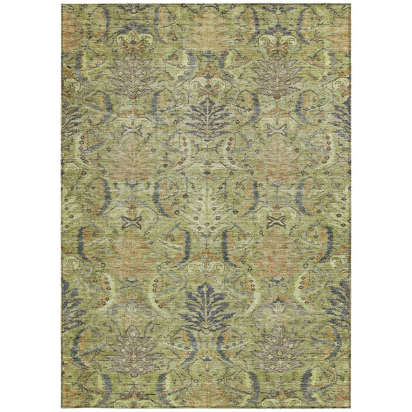 Homeroots 3' Artichoke Green Gray Tan Damask Washable Area Rug For Indoor And Outdoor Spaces, Durable Design 10' X 14' Polyester 603304