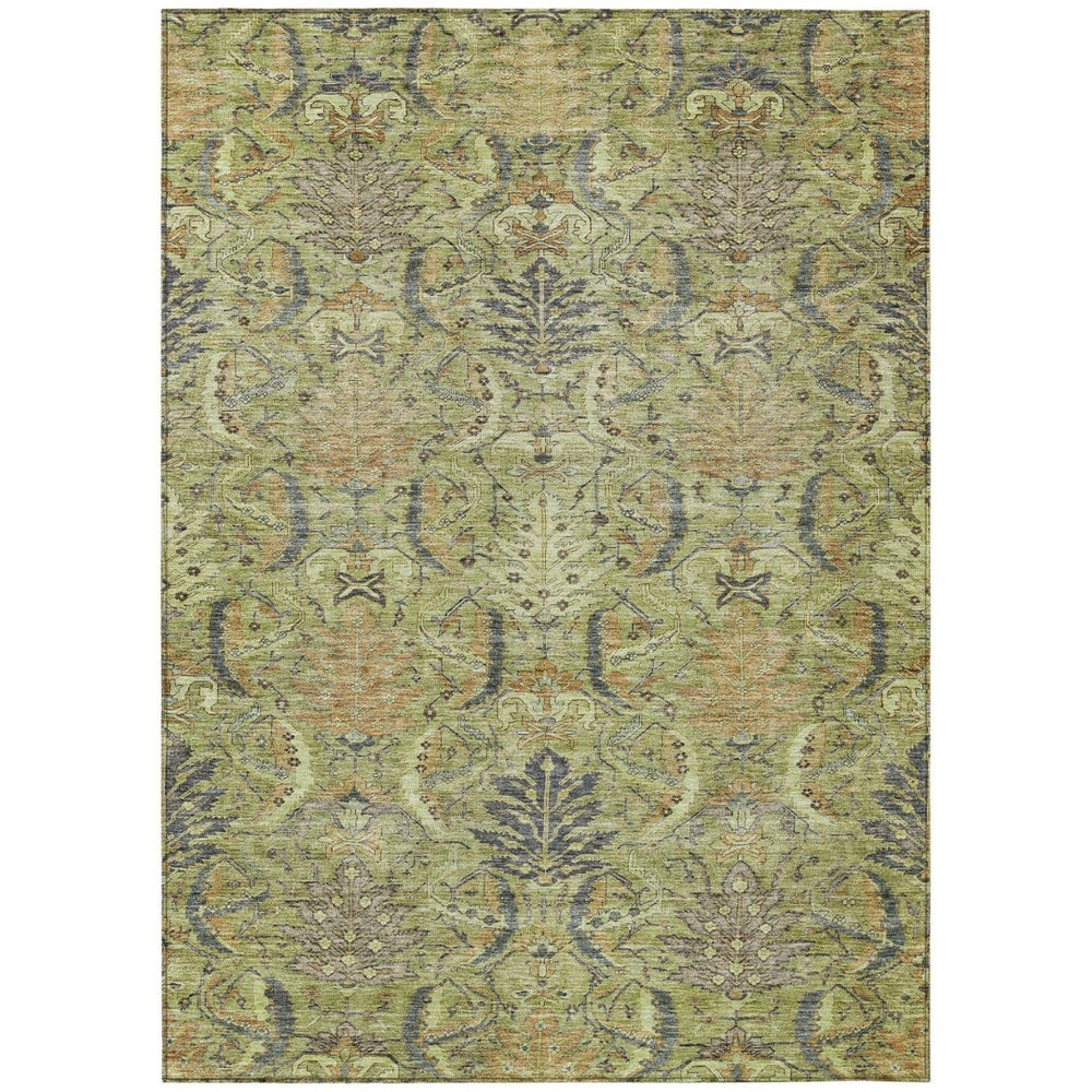 HomeRoots 5' Washable Damask Area Rug in Artichoke Green, Gray, and Tan for Indoor & Outdoor Elegance 10' X 14' 603304