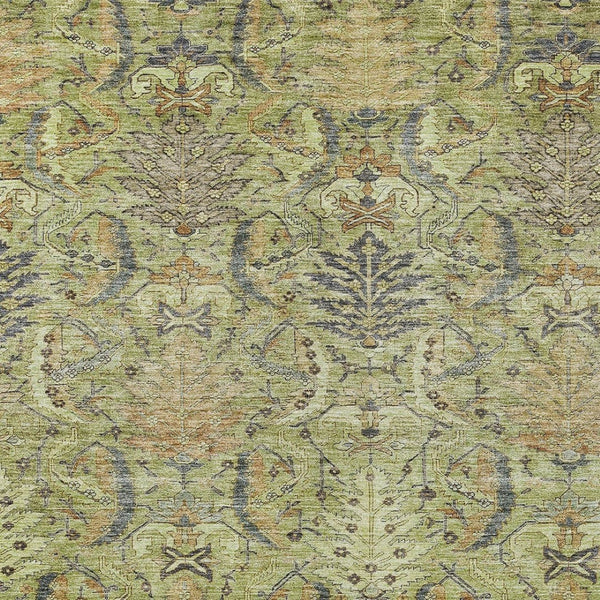 Homeroots 3' Artichoke Green Gray Tan Damask Washable Area Rug For Indoor And Outdoor Spaces, Durable Design 10' X 14' Polyester 603304