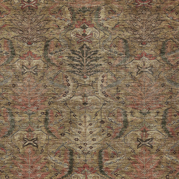 Homeroots 3' Artichoke Green Gray Tan Damask Washable Area Rug For Indoor And Outdoor Spaces, Durable Design 5' X 8' Polyester 603306