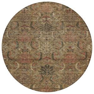 HomeRoots 5' Elegant Brown Charcoal and Brick Red Damask Area Rug for Indoor and Outdoor Spaces, Washable & Durable 8' Round 603307