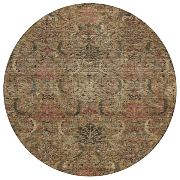 HomeRoots 5' Elegant Brown Charcoal and Brick Red Damask Area Rug for Indoor and Outdoor Spaces, Washable & Durable 8' Round 603307