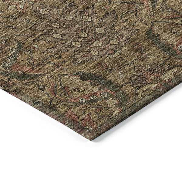 Homeroots 3' Artichoke Green Gray Tan Damask Washable Area Rug For Indoor And Outdoor Spaces, Durable Design 8' Round Polyester 603307