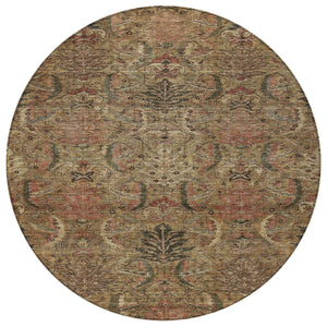 Homeroots 3' Artichoke Green Gray Tan Damask Washable Area Rug For Indoor And Outdoor Spaces, Durable Design 8' Round Polyester 603307