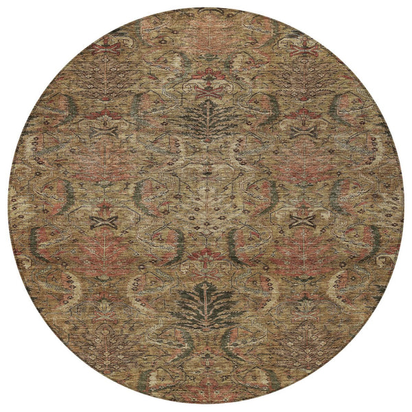 Homeroots 3' Artichoke Green Gray Tan Damask Washable Area Rug For Indoor And Outdoor Spaces, Durable Design 8' Round Polyester 603307