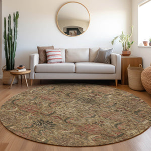 Homeroots 3' Artichoke Green Gray Tan Damask Washable Area Rug For Indoor And Outdoor Spaces, Durable Design 8' Round Polyester 603307