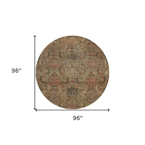 Homeroots 3' Artichoke Green Gray Tan Damask Washable Area Rug For Indoor And Outdoor Spaces, Durable Design 8' Round Polyester 603307