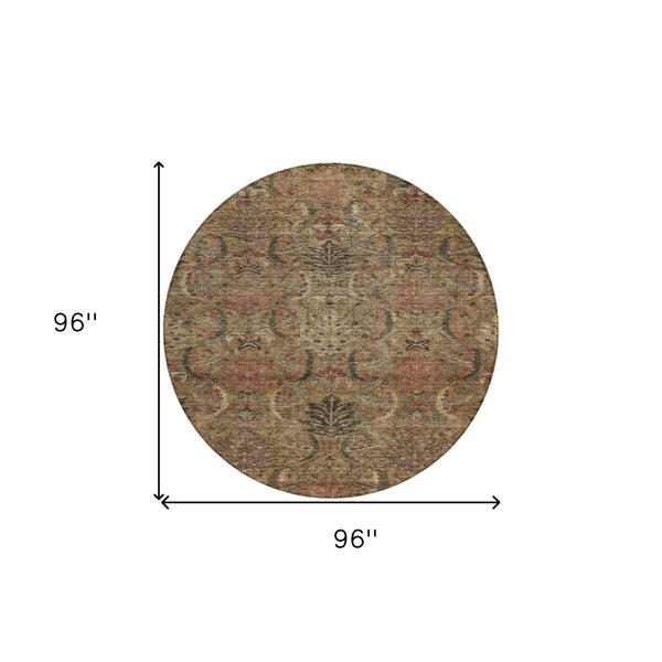 Homeroots 3' Artichoke Green Gray Tan Damask Washable Area Rug For Indoor And Outdoor Spaces, Durable Design 8' Round Polyester 603307