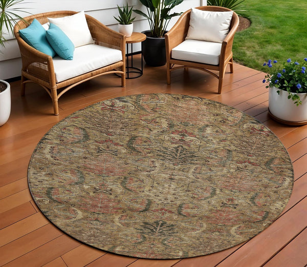 Homeroots 3' Artichoke Green Gray Tan Damask Washable Area Rug For Indoor And Outdoor Spaces, Durable Design 8' Round Polyester 603307
