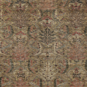 Homeroots 3' Artichoke Green Gray Tan Damask Washable Area Rug For Indoor And Outdoor Spaces, Durable Design 8' X 10' Polyester 603308