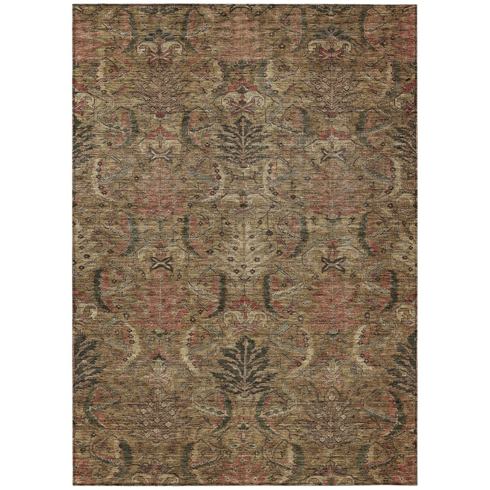 HomeRoots 9' X 12' Damask Area Rug in Brown Charcoal & Brick Red – Washable, Durable, Stylish for Indoors & Outdoors 603309