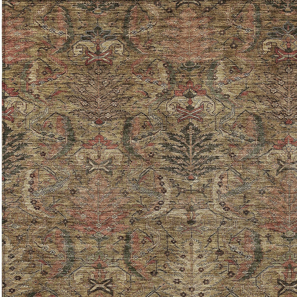 Homeroots 3' Artichoke Green Gray Tan Damask Washable Area Rug For Indoor And Outdoor Spaces, Durable Design 9' X 12' Polyester 603309