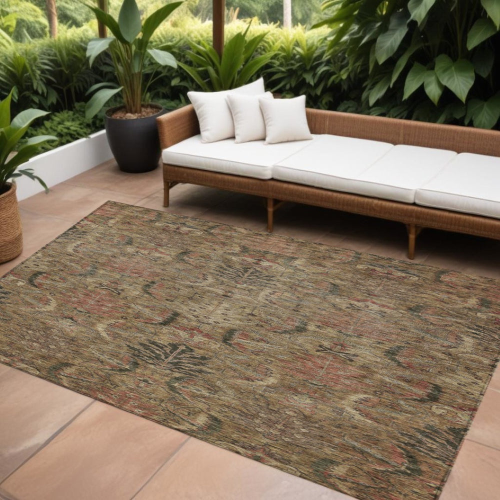 HomeRoots 5' Elegant Brown Charcoal and Brick Red Damask Area Rug for Indoor and Outdoor Spaces, Washable & Durable 10' X 14' 603310