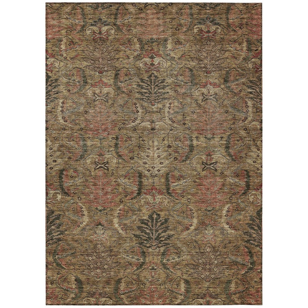 HomeRoots 5' Elegant Brown Charcoal and Brick Red Damask Area Rug for Indoor and Outdoor Spaces, Washable & Durable 10' X 14' 603310