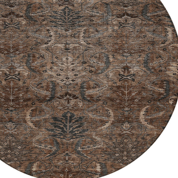 Homeroots 3' Artichoke Green Gray Tan Damask Washable Area Rug For Indoor And Outdoor Spaces, Durable Design 8' Round Polyester 603313
