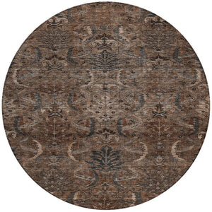 Homeroots 3' Artichoke Green Gray Tan Damask Washable Area Rug For Indoor And Outdoor Spaces, Durable Design 8' Round Polyester 603313