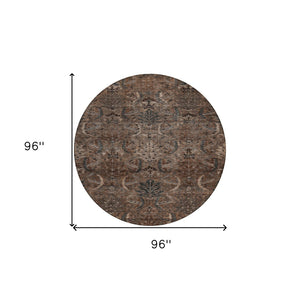 Homeroots 3' Artichoke Green Gray Tan Damask Washable Area Rug For Indoor And Outdoor Spaces, Durable Design 8' Round Polyester 603313