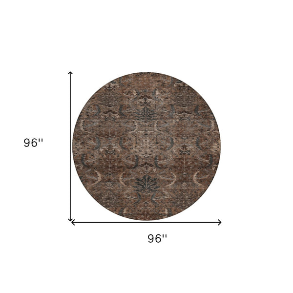 Homeroots 3' Artichoke Green Gray Tan Damask Washable Area Rug For Indoor And Outdoor Spaces, Durable Design 8' Round Polyester 603313