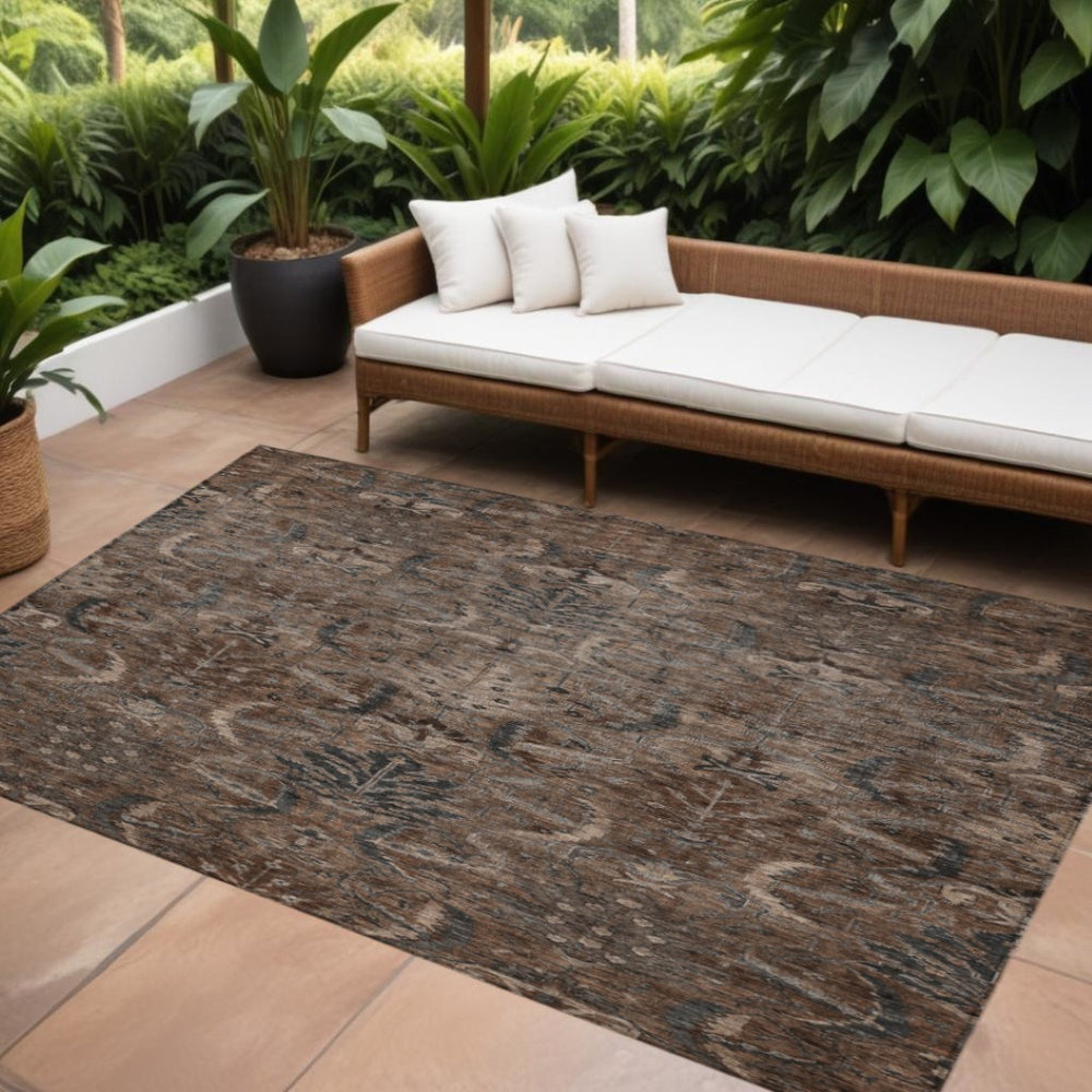 HomeRoots 9' X 12' Washable Damask Area Rug - Elegant Brown, Tan & Charcoal for Indoor/Outdoor Living Spaces 603315