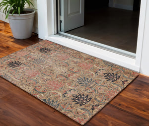 Homeroots 3' Artichoke Green Gray Tan Damask Washable Area Rug For Indoor And Outdoor Spaces, Durable Design 3' X 5' Polyester 603317