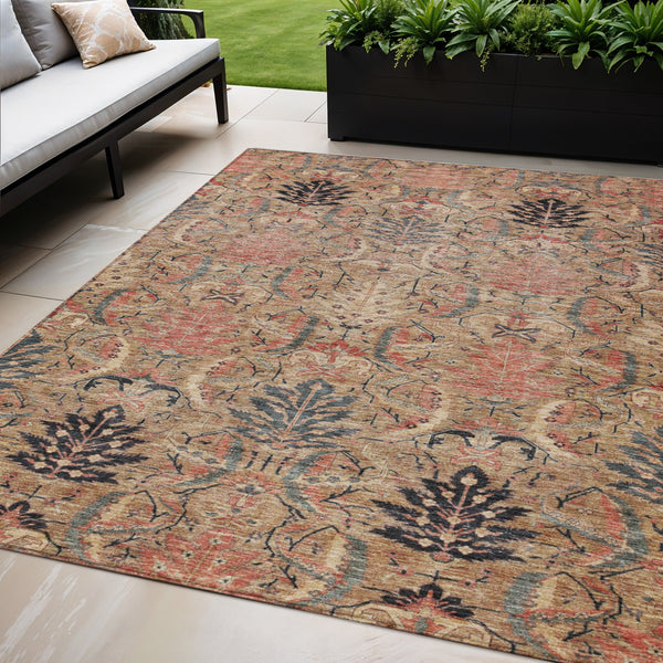 Homeroots 3' Artichoke Green Gray Tan Damask Washable Area Rug For Indoor And Outdoor Spaces, Durable Design 5' X 8' Polyester 603318