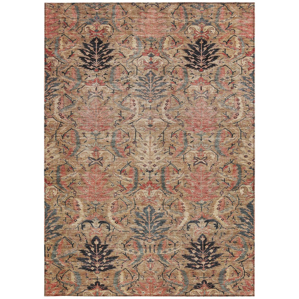 Homeroots 3' Artichoke Green Gray Tan Damask Washable Area Rug For Indoor And Outdoor Spaces, Durable Design 5' X 8' Polyester 603318