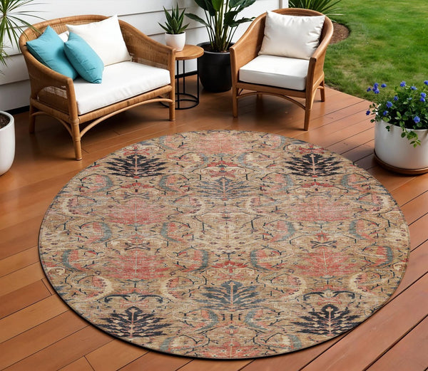 Homeroots 3' Artichoke Green Gray Tan Damask Washable Area Rug For Indoor And Outdoor Spaces, Durable Design 8' Round Polyester 603319