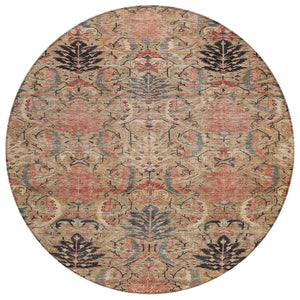 HomeRoots 5' Elegant Khaki Terra Cotta Black Damask Area Rug - Machine Washable, Durable for Indoor & Outdoor Use 8' Round 603319