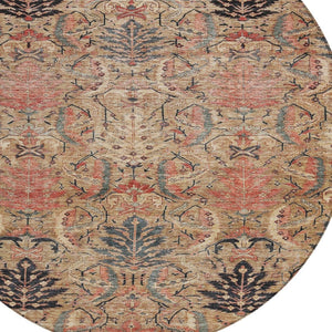 Homeroots 3' Artichoke Green Gray Tan Damask Washable Area Rug For Indoor And Outdoor Spaces, Durable Design 8' Round Polyester 603319