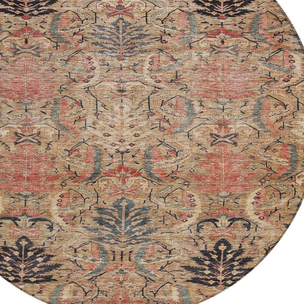 Homeroots 3' Artichoke Green Gray Tan Damask Washable Area Rug For Indoor And Outdoor Spaces, Durable Design 8' Round Polyester 603319