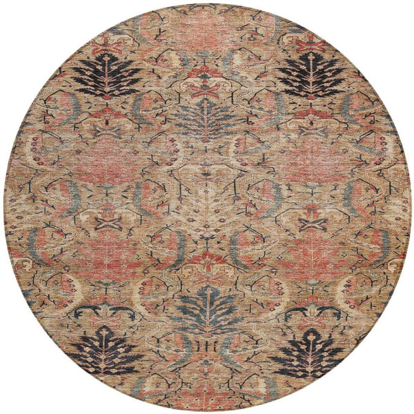 Homeroots 3' Artichoke Green Gray Tan Damask Washable Area Rug For Indoor And Outdoor Spaces, Durable Design 8' Round Polyester 603319