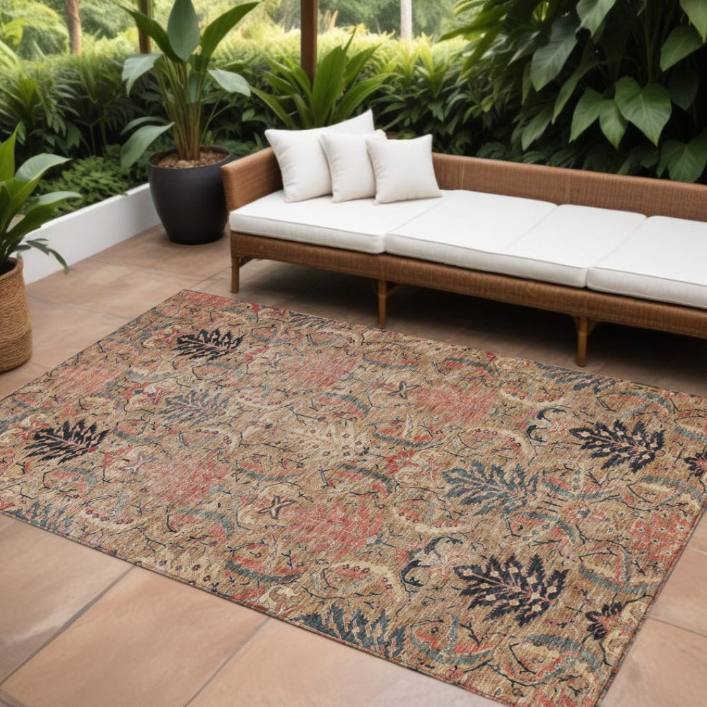HomeRoots 5' Elegant Khaki Terra Cotta Black Damask Area Rug - Machine Washable, Durable for Indoor & Outdoor Use 8' X 10' 603320