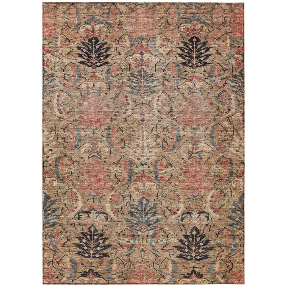HomeRoots 5' Elegant Khaki Terra Cotta Black Damask Area Rug - Machine Washable, Durable for Indoor & Outdoor Use 8' X 10' 603320