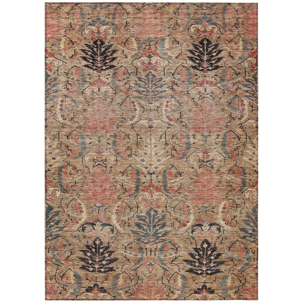 HomeRoots 5' Elegant Khaki Terra Cotta Black Damask Area Rug - Machine Washable, Durable for Indoor & Outdoor Use 10' X 14' 603322