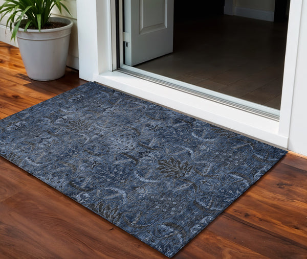 Homeroots 3' Artichoke Green Gray Tan Damask Washable Area Rug For Indoor And Outdoor Spaces, Durable Design 3' X 5' Polyester 603323