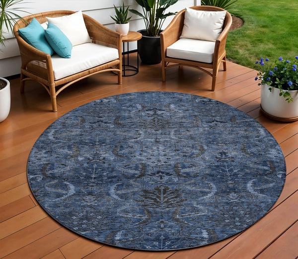Homeroots 3' Artichoke Green Gray Tan Damask Washable Area Rug For Indoor And Outdoor Spaces, Durable Design 8' Round Polyester 603325
