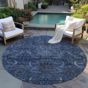 Homeroots 3' Artichoke Green Gray Tan Damask Washable Area Rug For Indoor And Outdoor Spaces, Durable Design 8' Round Polyester 603325