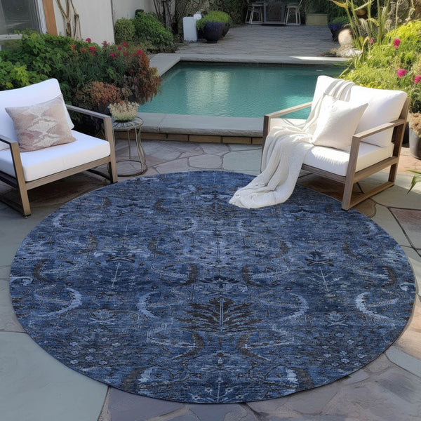 Homeroots 3' Artichoke Green Gray Tan Damask Washable Area Rug For Indoor And Outdoor Spaces, Durable Design 8' Round Polyester 603325
