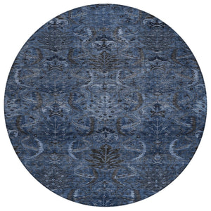 HomeRoots 5' Navy Blue and Charcoal Damask Washable Area Rug - Elegant Indoor/Outdoor Style for Any Space 8' Round 603325