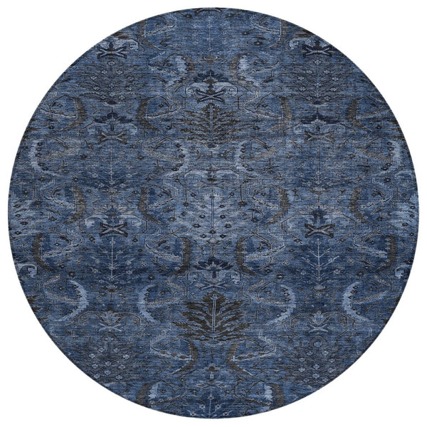 HomeRoots 5' Navy Blue and Charcoal Damask Washable Area Rug - Elegant Indoor/Outdoor Style for Any Space 8' Round 603325