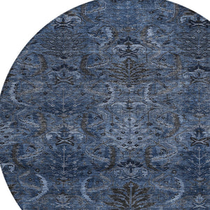 Homeroots 3' Artichoke Green Gray Tan Damask Washable Area Rug For Indoor And Outdoor Spaces, Durable Design 8' Round Polyester 603325