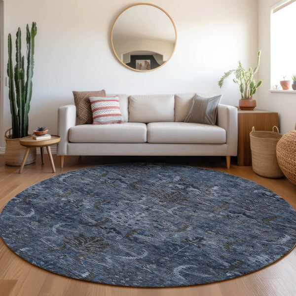Homeroots 3' Artichoke Green Gray Tan Damask Washable Area Rug For Indoor And Outdoor Spaces, Durable Design 8' Round Polyester 603325